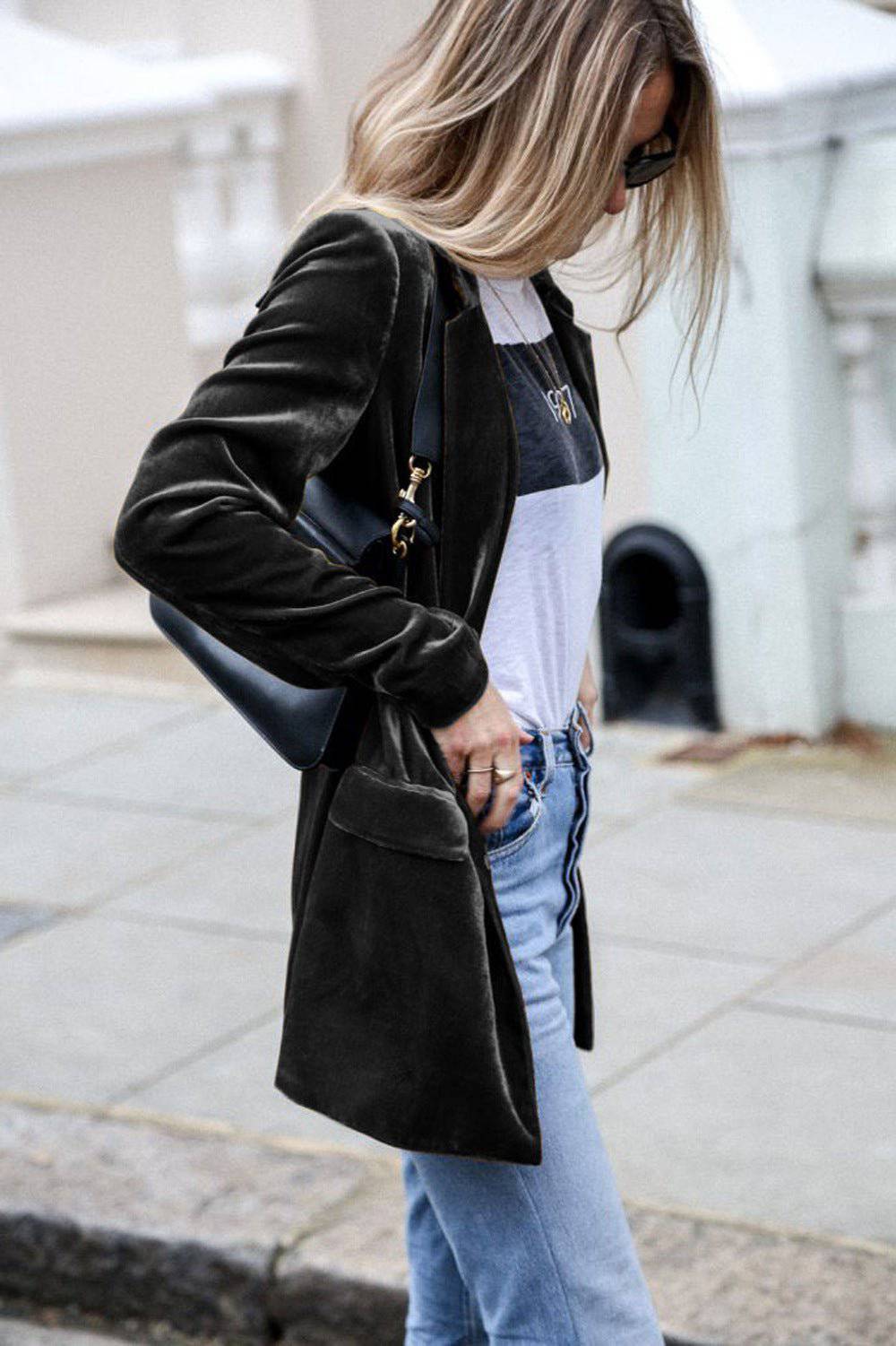 Elegant Gold Velvet Mid-Length Blazer for Women S Black