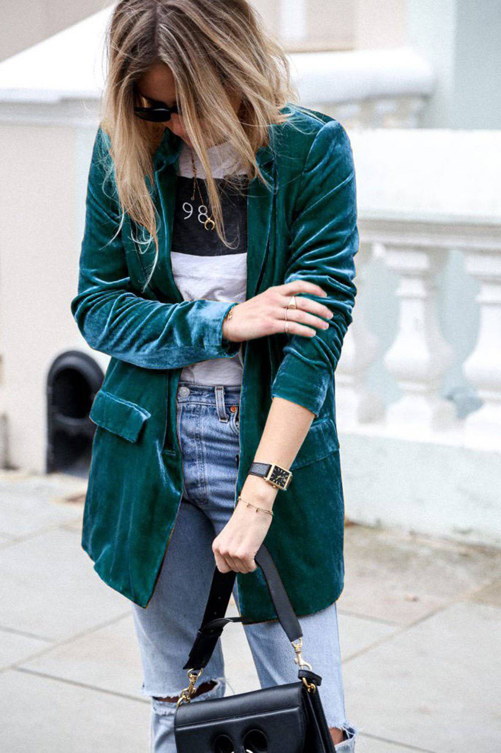 Elegant Gold Velvet Mid-Length Blazer for Women