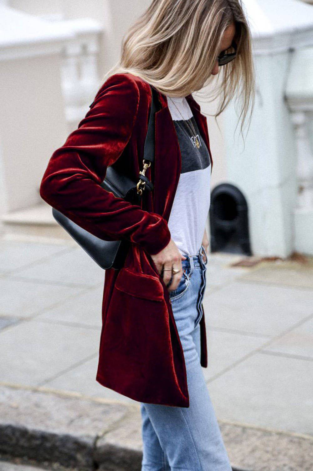 Elegant Gold Velvet Mid-Length Blazer for Women S Burgundy