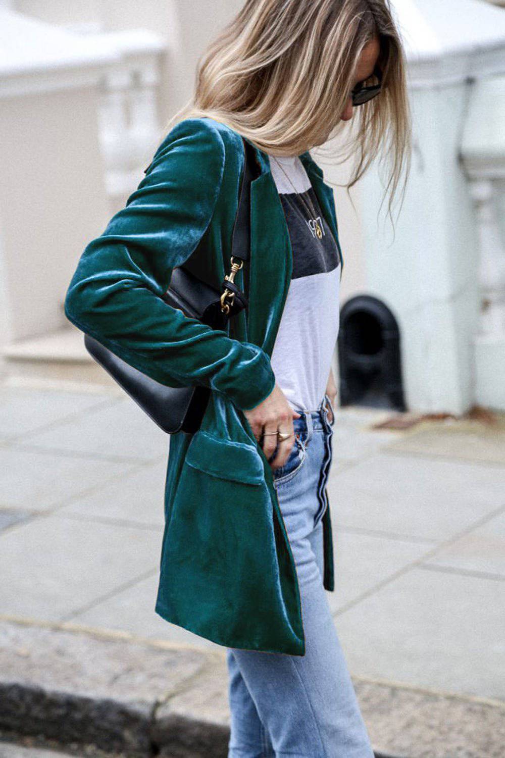 Elegant Gold Velvet Mid-Length Blazer for Women S Blue
