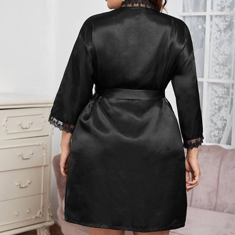 Elegant Plus Size Lace Nightgown with Long Sleeves and Belted Waist for Comfort at Home