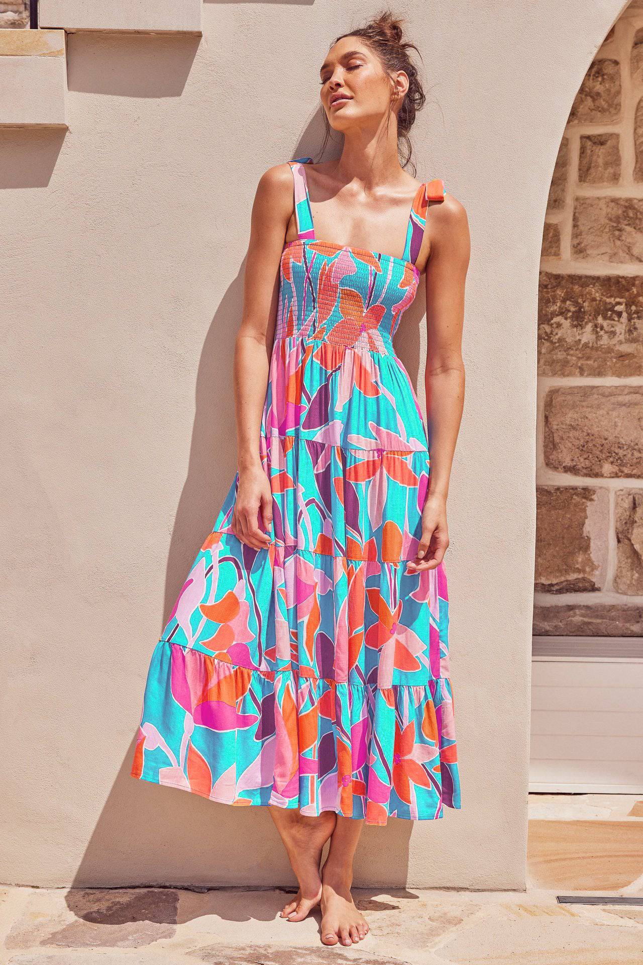 Floral Print Maxi Dress with Spaghetti Straps  S Multi-3 