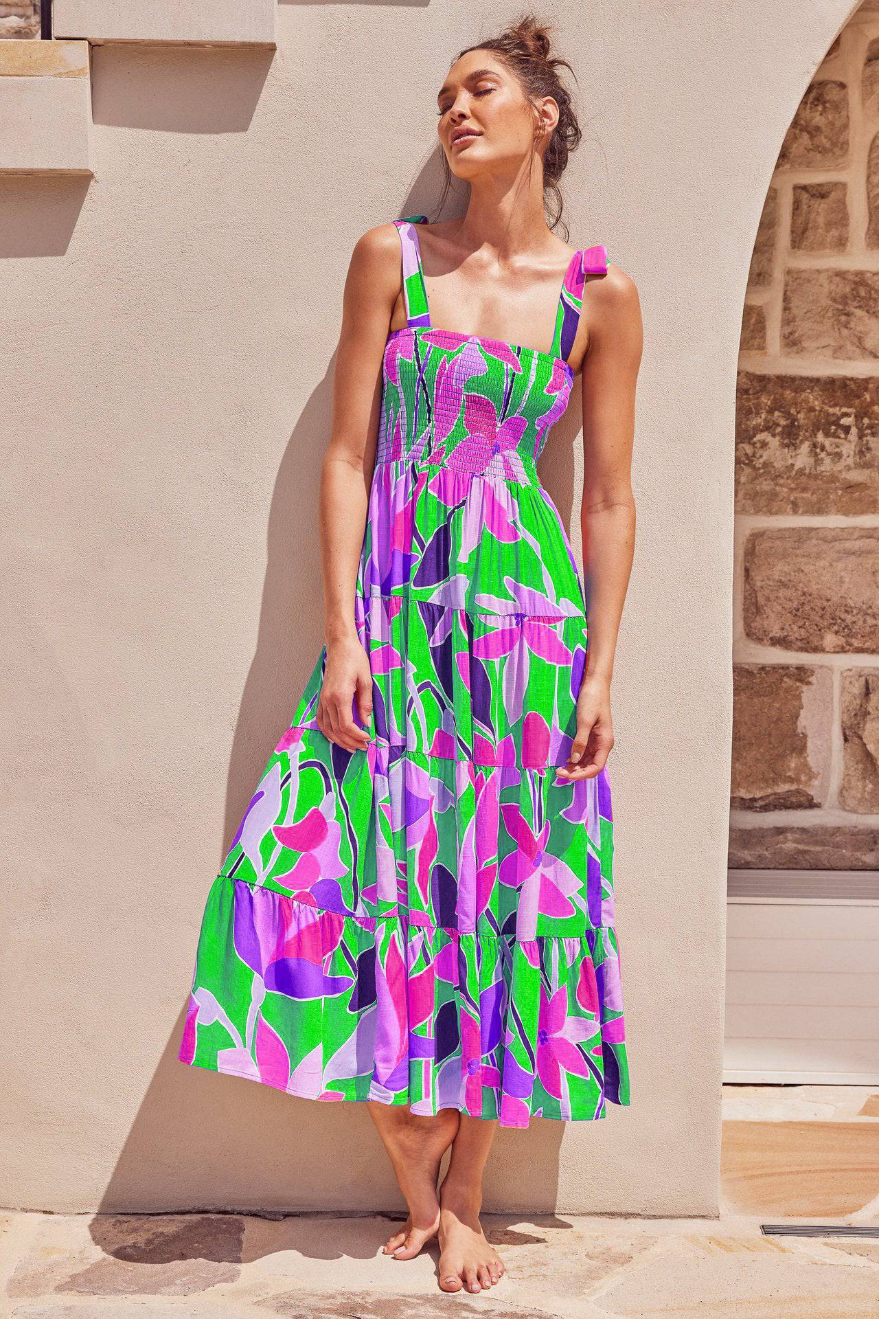 Floral Print Maxi Dress with Spaghetti Straps  S Multi-2 