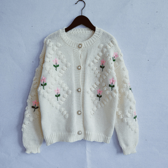 Floral Embroidered Handmade Sweater Cardigan Cozy Coat  S Ivory 