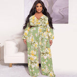 Plus Size Autumn Floral Print With Belt Loose Casual Jumpsuit - Wild Amber Fashion