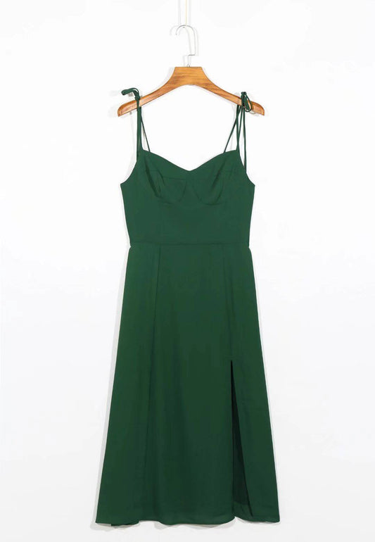 Sophisticated V-Neck Midi Dress with Lace and Slit Detail  S Green 