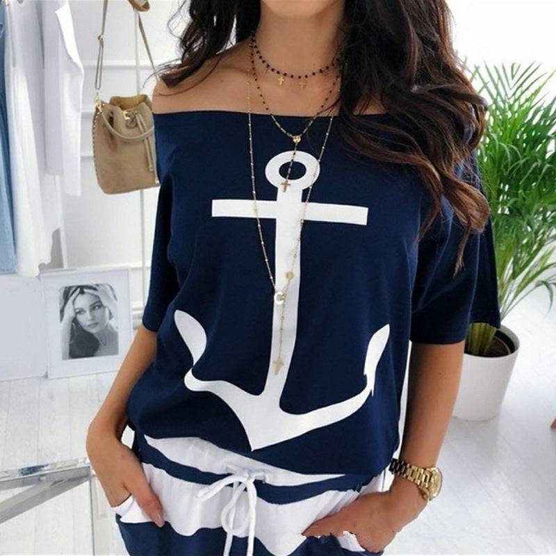 Stylish Loose Off-the-Shoulder Batwing Printed T-Shirt for Women  S purplish blue 