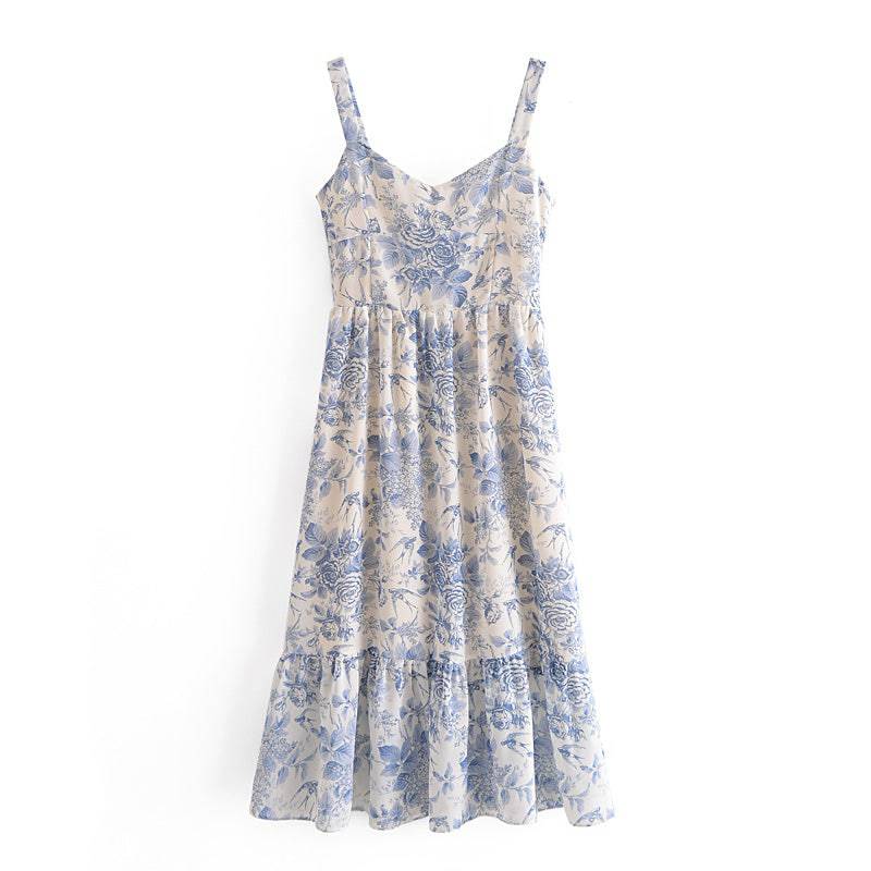 Retro French Royal Blue and White Porcelain Ruffle Sleeveless Printed Dress  S Light Blue 