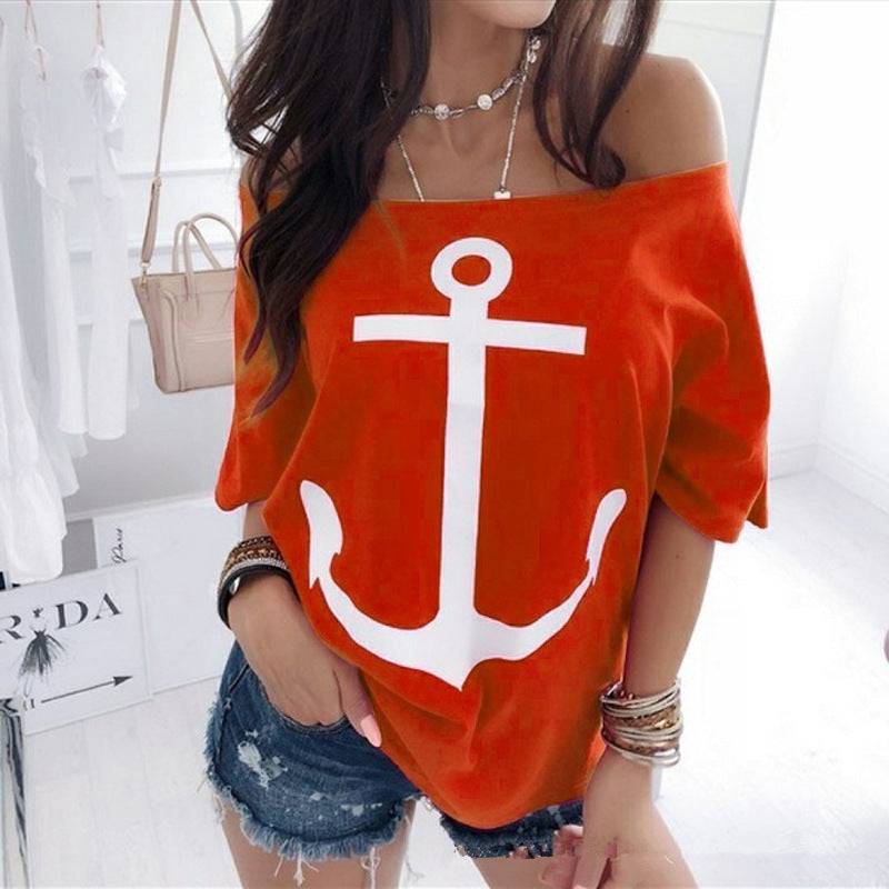 Stylish Loose Off-the-Shoulder Batwing Printed T-Shirt for Women  S Coral Red 