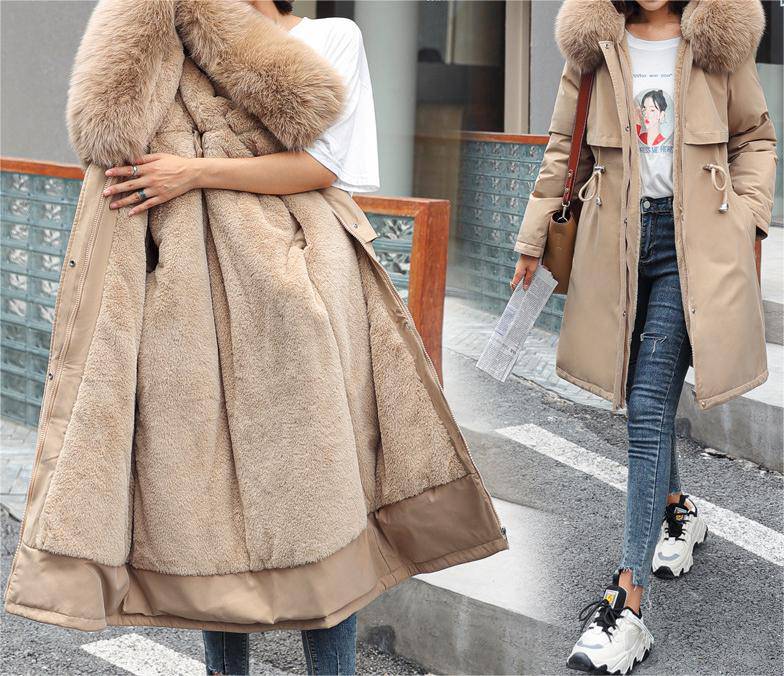 Fleece-Lined Long Winter Jacket with Big Fur Collar  M Khaki 