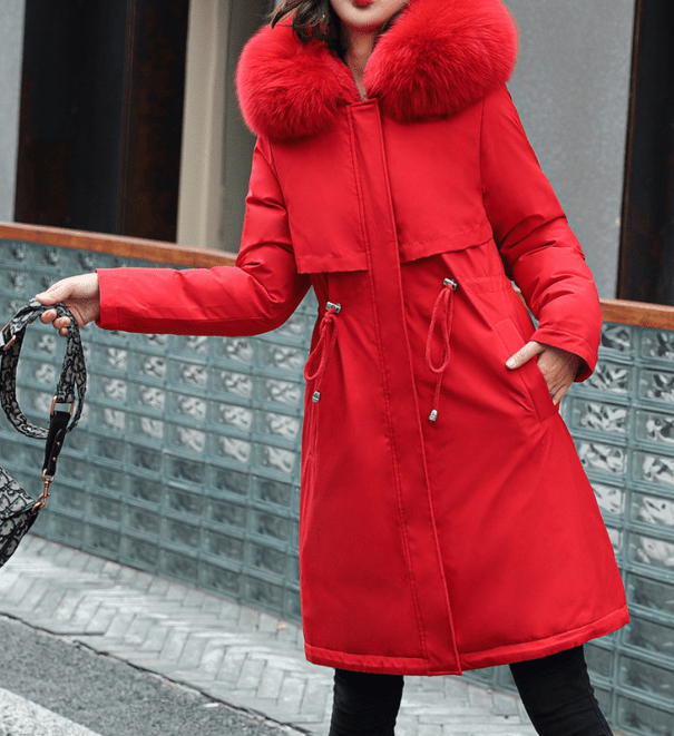 Fleece-Lined Long Winter Jacket with Big Fur Collar  M Red 