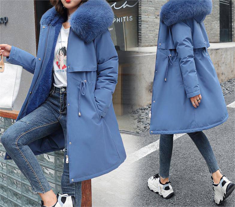 Fleece-Lined Long Winter Jacket with Big Fur Collar  M Blue 