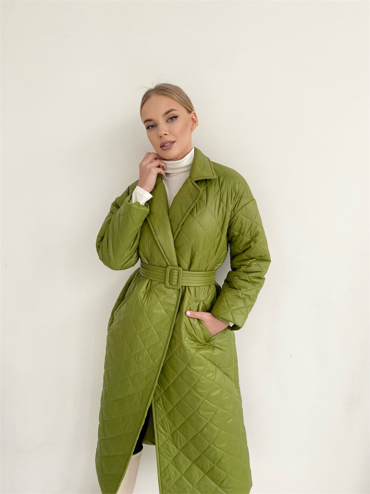 Warm Keeping Cotton Clothing Cotton Padded Coat for Winter Women Rhombus Cotton-Padded Jacket Waist Tight Long Cut Coat Plus Size Coat for Women - Wild Amber Fashion