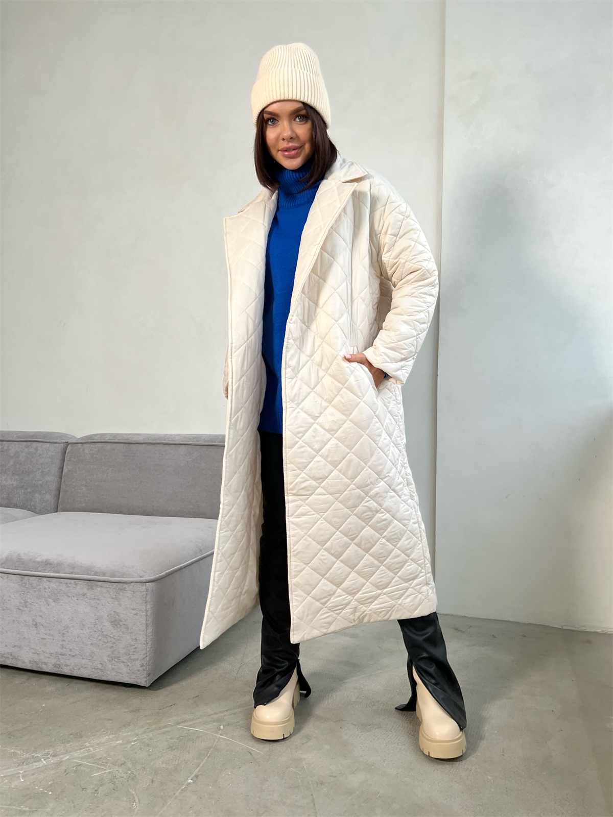 Warm Keeping Cotton Clothing Cotton Padded Coat for Winter Women Rhombus Cotton-Padded Jacket Waist Tight Long Cut Coat Plus Size Coat for Women - Wild Amber Fashion