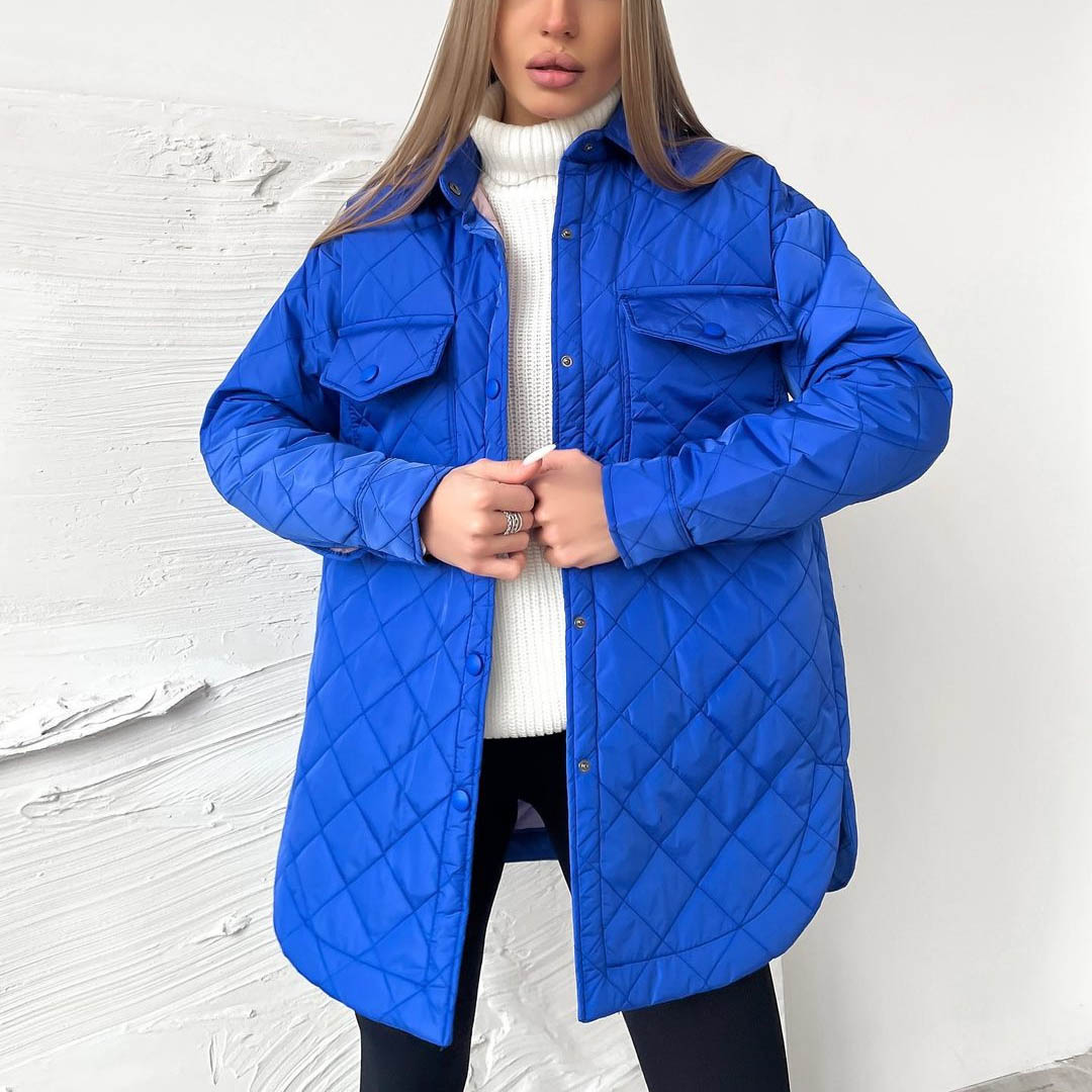 Long Breasted Collared Loose Warm Rhombus Cotton Padded Coat Autumn Winter Wild Thickened Cotton Padded Coat for Women - Wild Amber Fashion