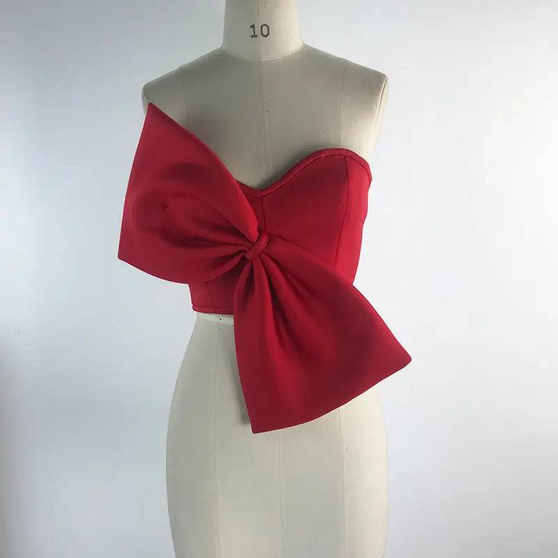 Strapless Short Top with 3D Bow Detail  S Red 