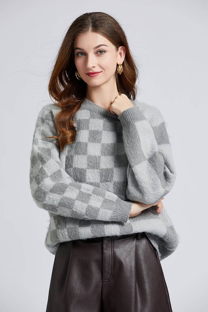 Irregular Checkerboard Mohair Sweater for Women  One Size Gray 