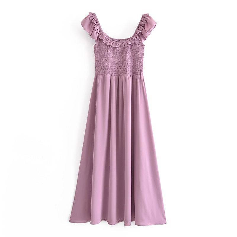 Purple Cotton Ruffled Maxi Dress with High Waist  S violet 