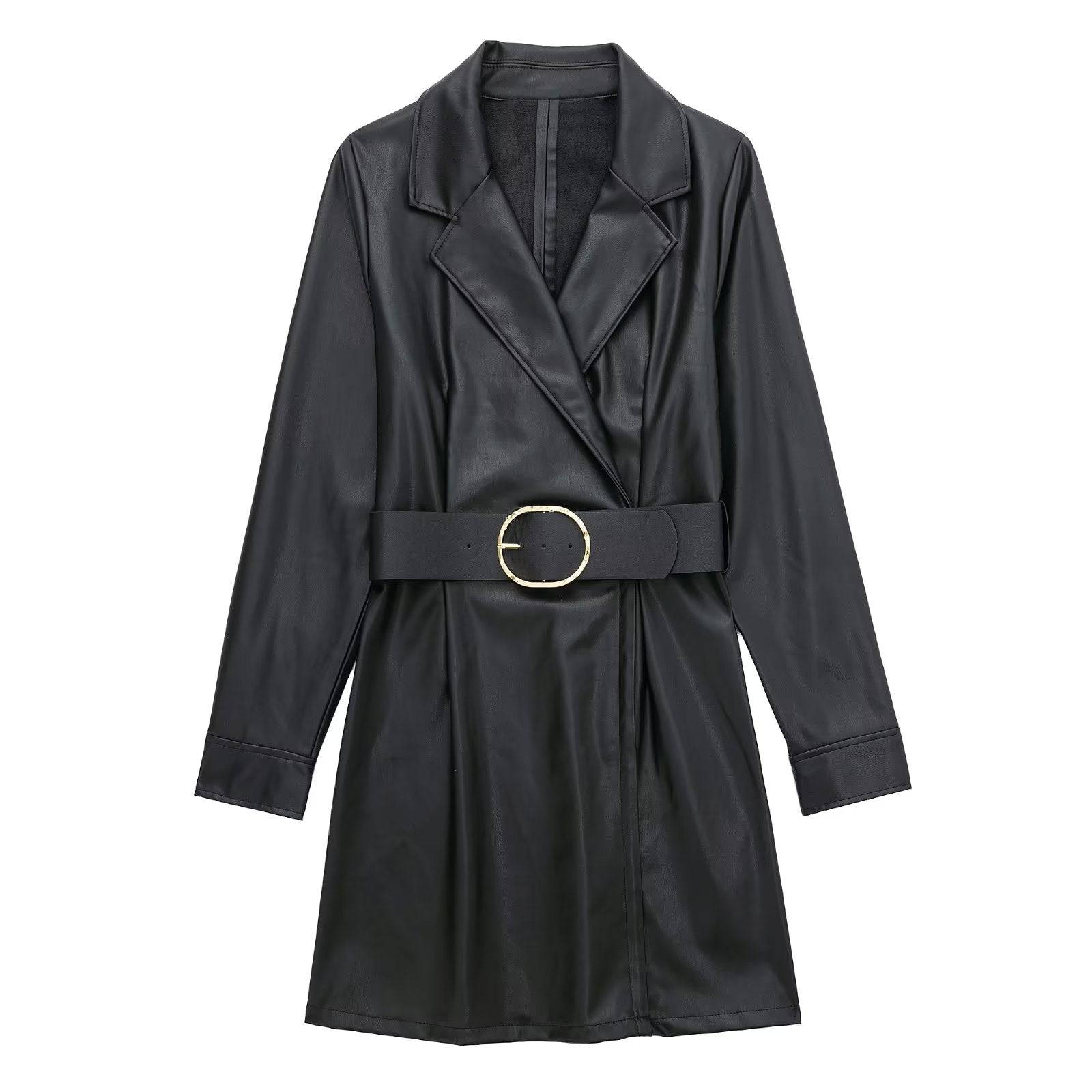 Faux Leather Blazer Dress for Women's Winter  XS Black 