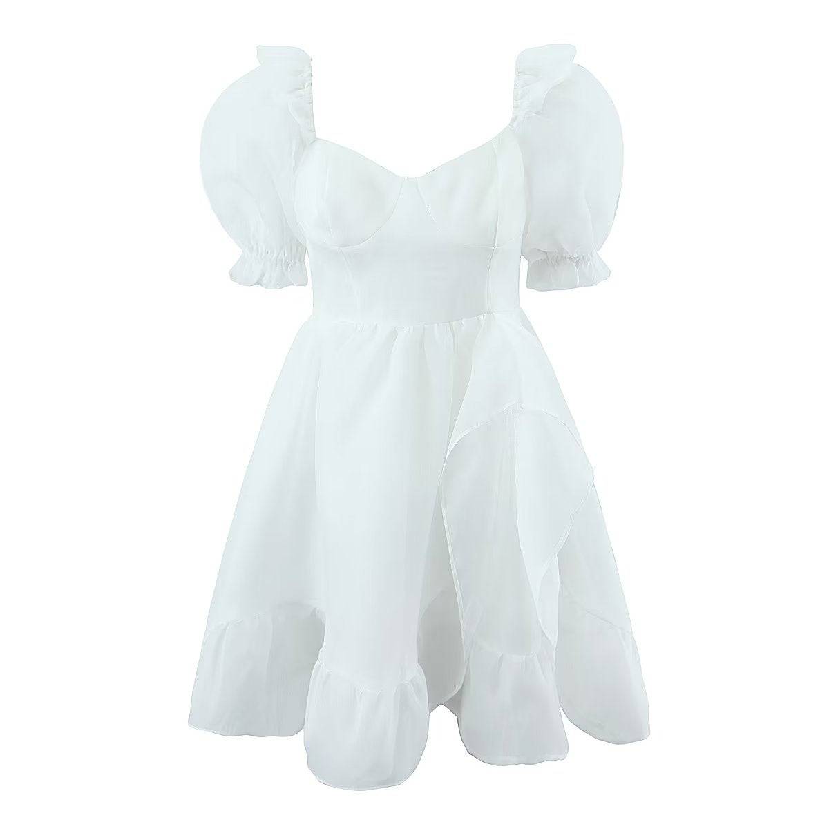 Square Collar Organza Princess Dress with Puff Sleeves  S White 