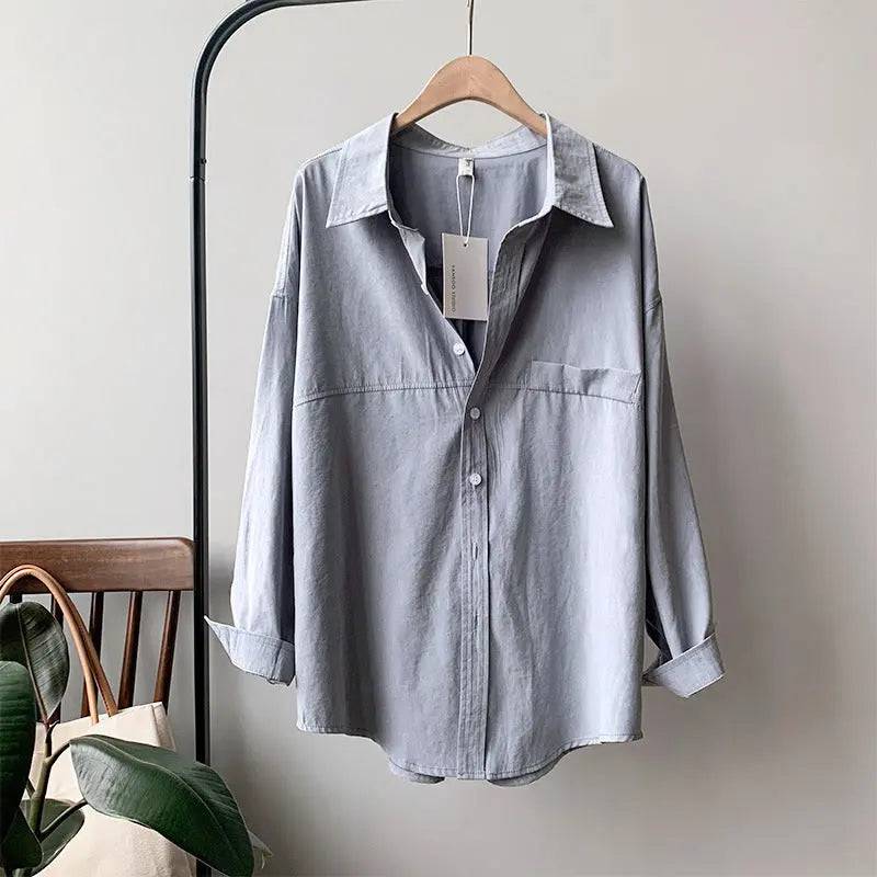 Spring Retro Long Sleeve Women's Shirt with Collared Neckline  S Pale blue 