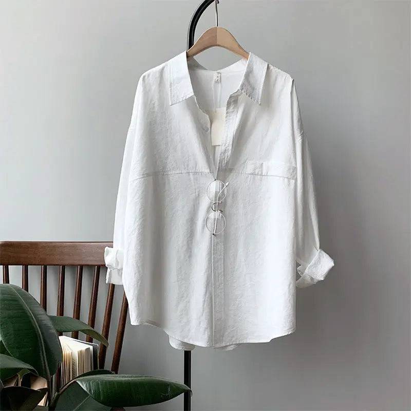 Spring Retro Long Sleeve Women's Shirt with Collared Neckline  S White 