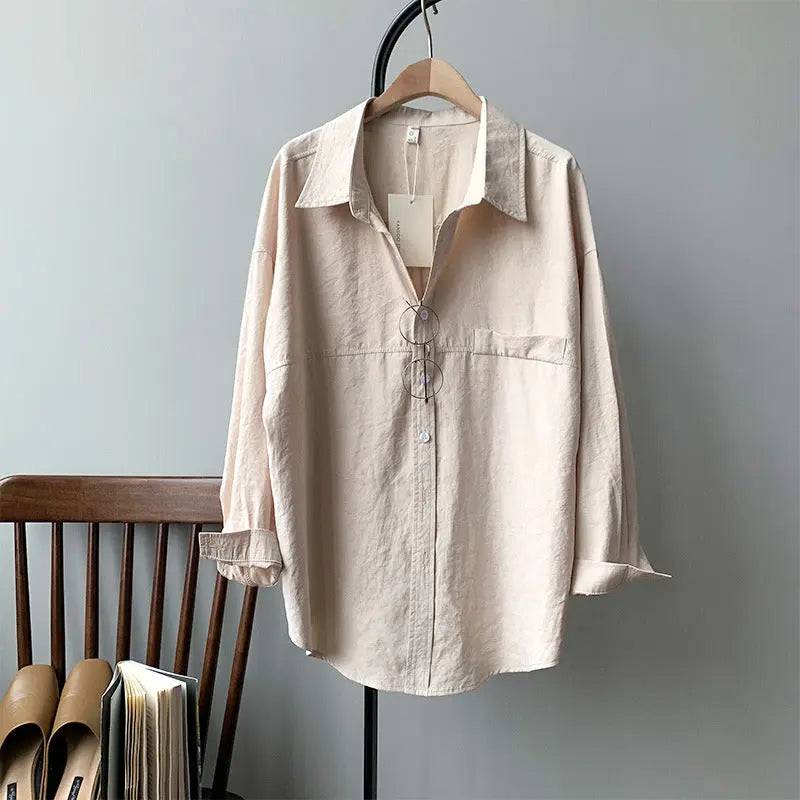 Spring Retro Long Sleeve Women's Shirt with Collared Neckline  S Beige color 