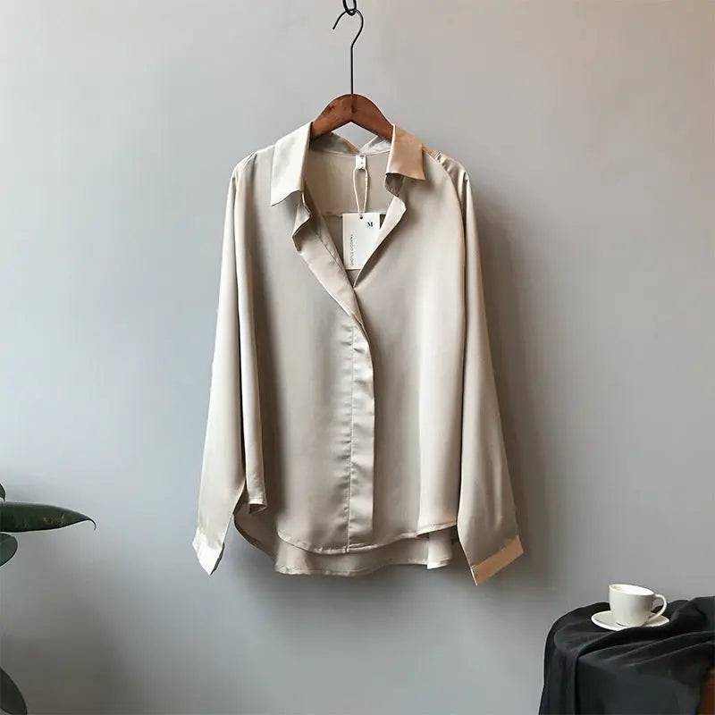 Elegant Spring Satin Shirt for Women with Loose Fit and V-Neck  M Gold 