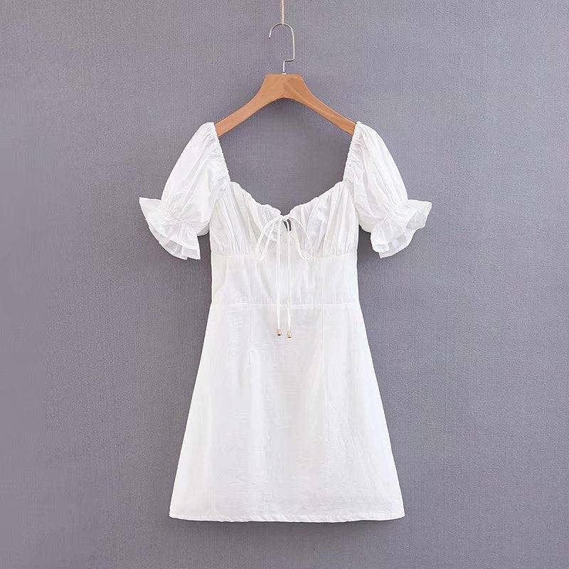 Vintage White Lace-Up A-Line Dress with Eyelet Embroidery  S White 