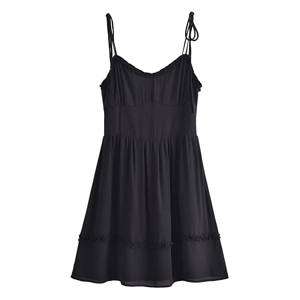 French Vintage Wooden Ear Lace Thin Strap Dress  S Black 