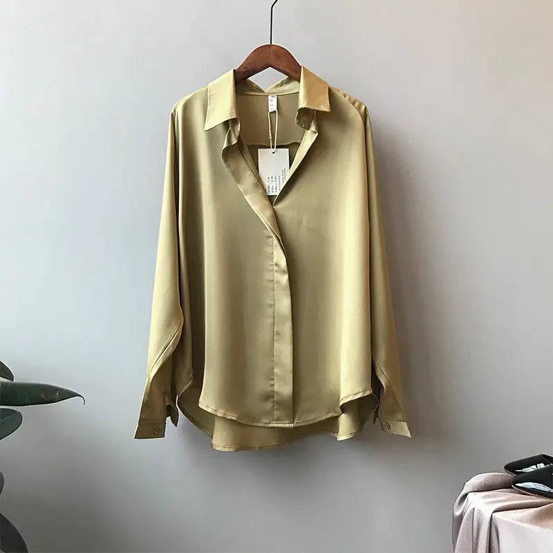 Elegant Spring Satin Shirt for Women with Loose Fit and V-Neck  S Autumn Fragrance Green 