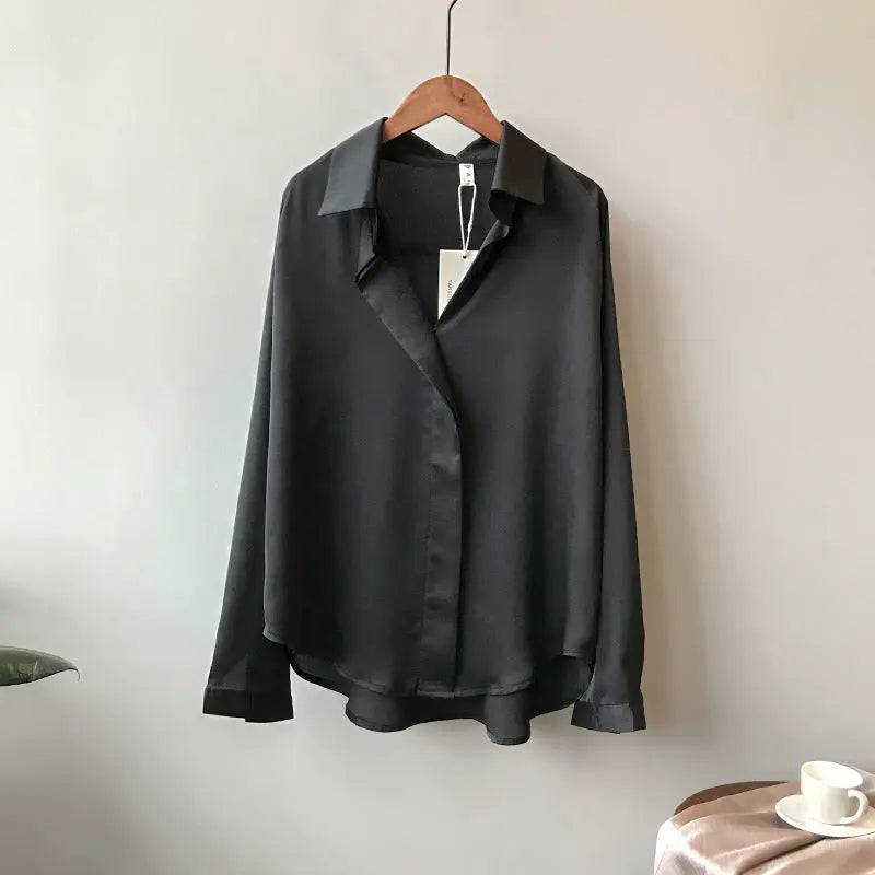 Elegant Spring Satin Shirt for Women with Loose Fit and V-Neck  L Black 