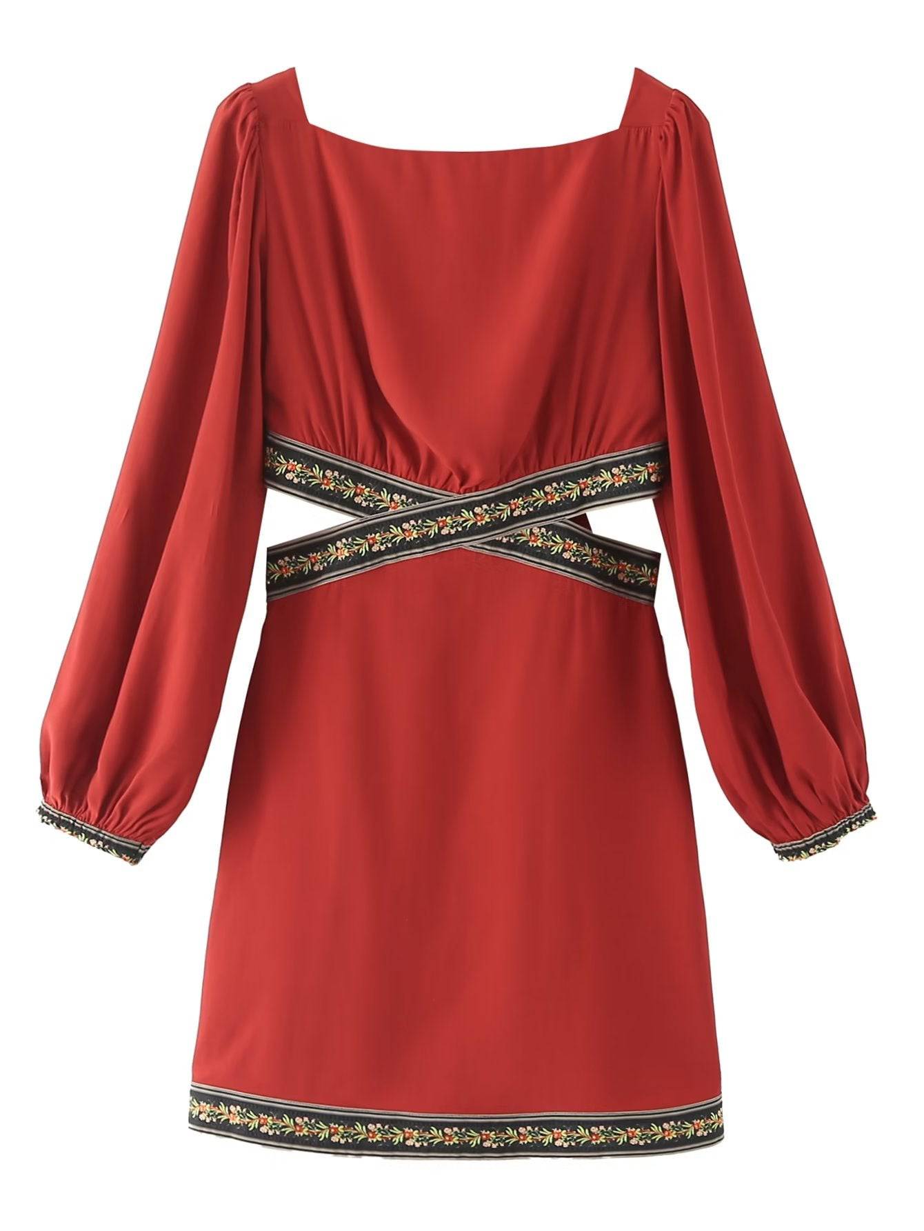 Lantern Sleeve Cutout Bodycon Sweater Dress  S Red 