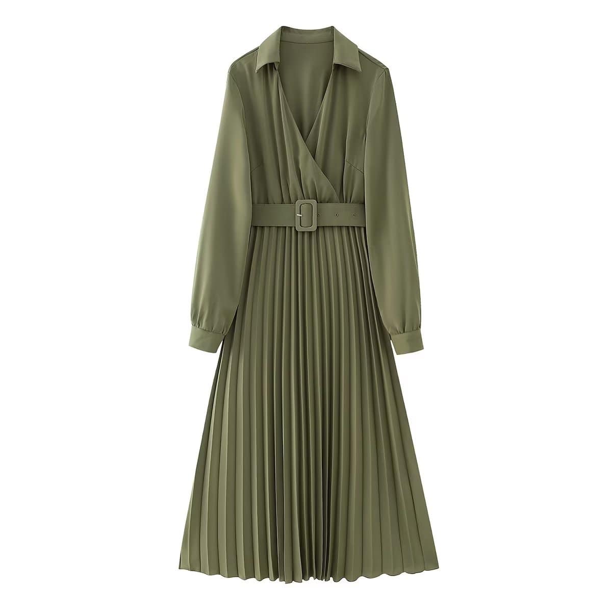 Winter Elegance: V-Neck Belted Pleated Dress for Women  XS Green 