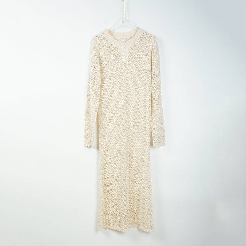 Knitted Hollow Out Long Sleeve Midi Dress for Women  S Lvory 