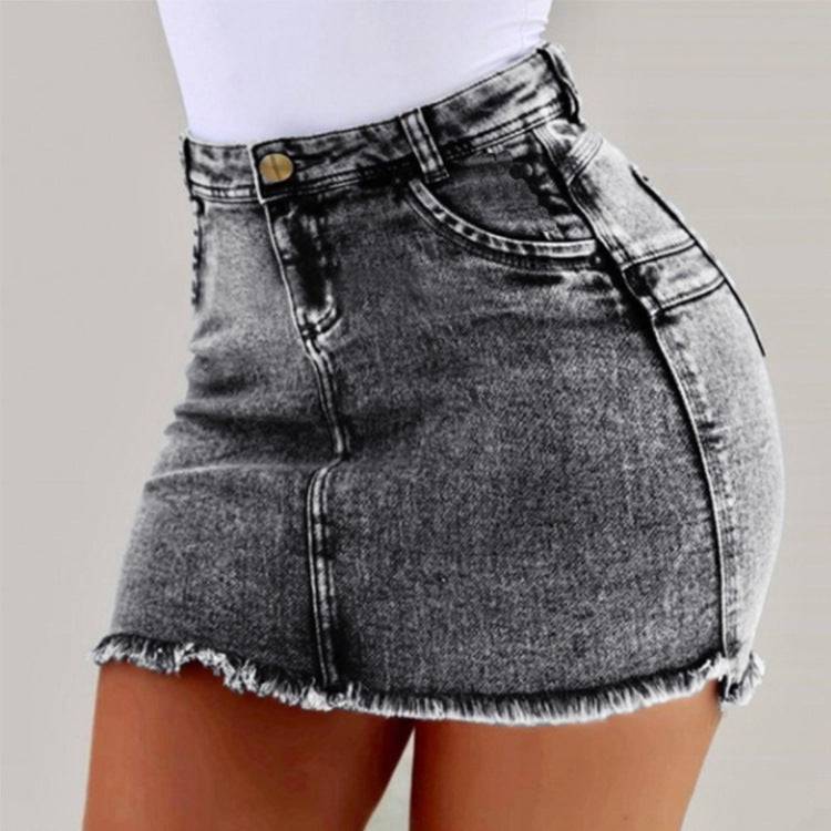 Sexy High-Rise Denim Skirt with Zipper Pocket Detail  S Gray 