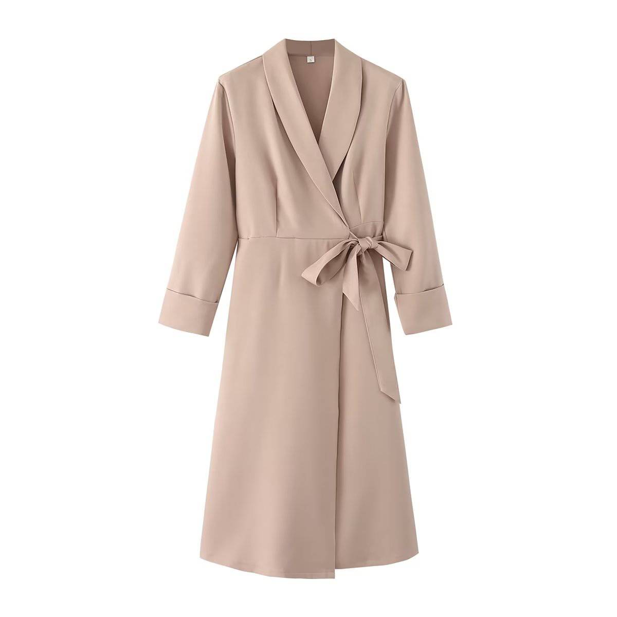 Elegant Solid Color Blazer Dress with Split Neckline for Women  S Khaki 