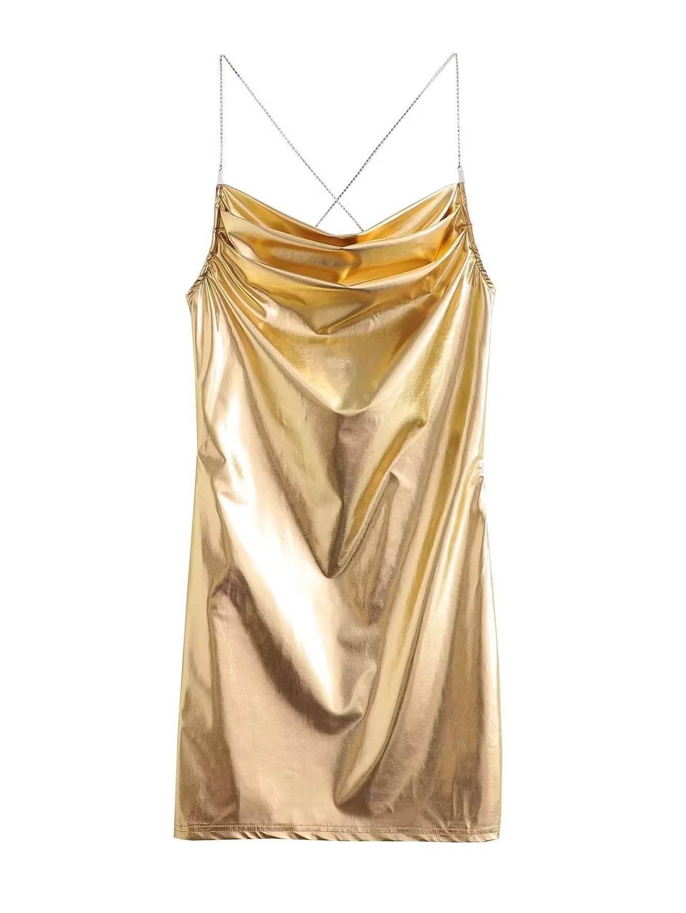 Shimmering Metallic Coated Faux Leather Suspender Slip Dress  S Gold 