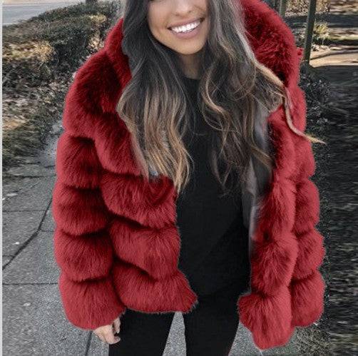 Elegant Slim Fit Faux Fur Coat with Hood for Women  3XL Burgundy 