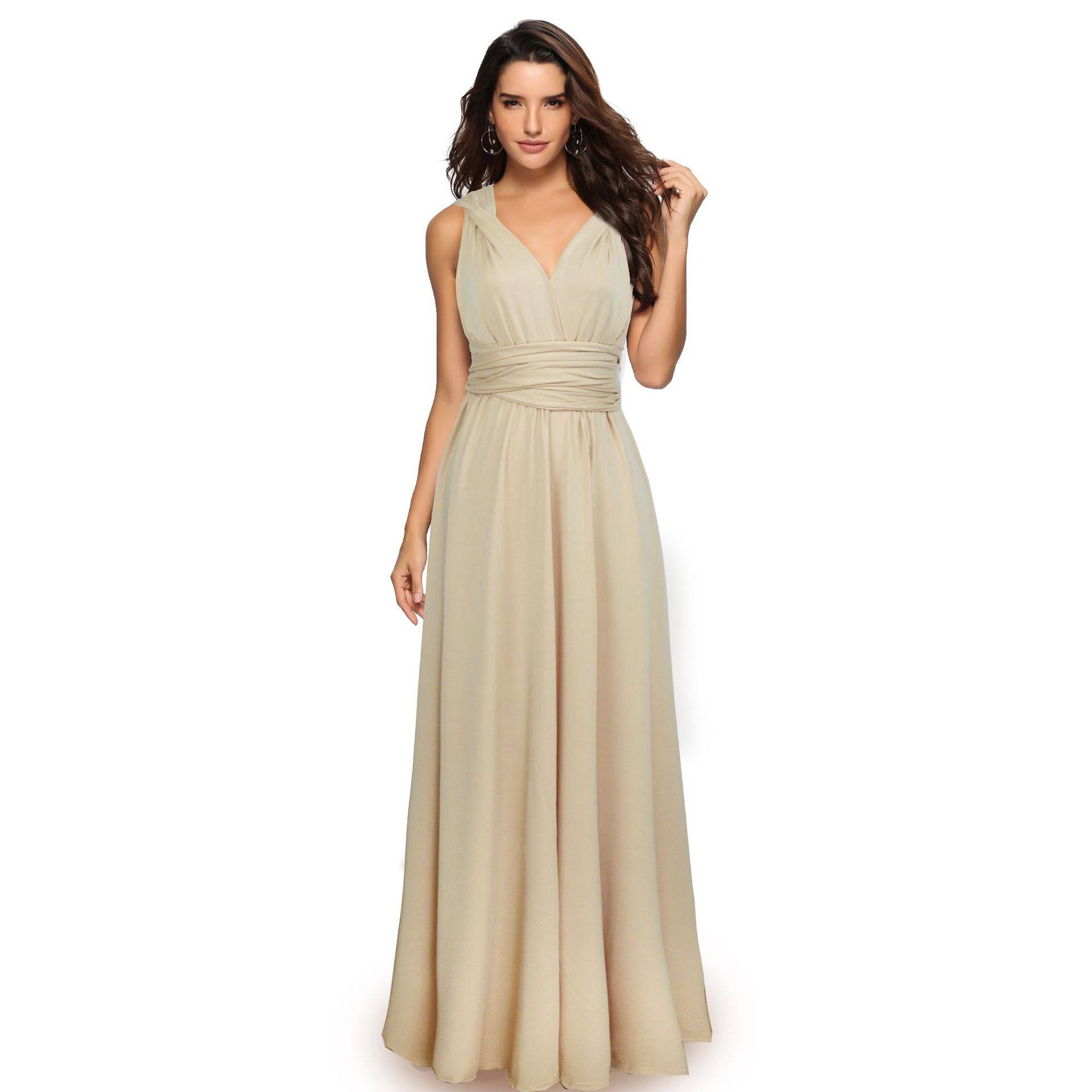 Elegant Tie Neck Maxi Dress with Criss Cross Back  S Champagne-2 