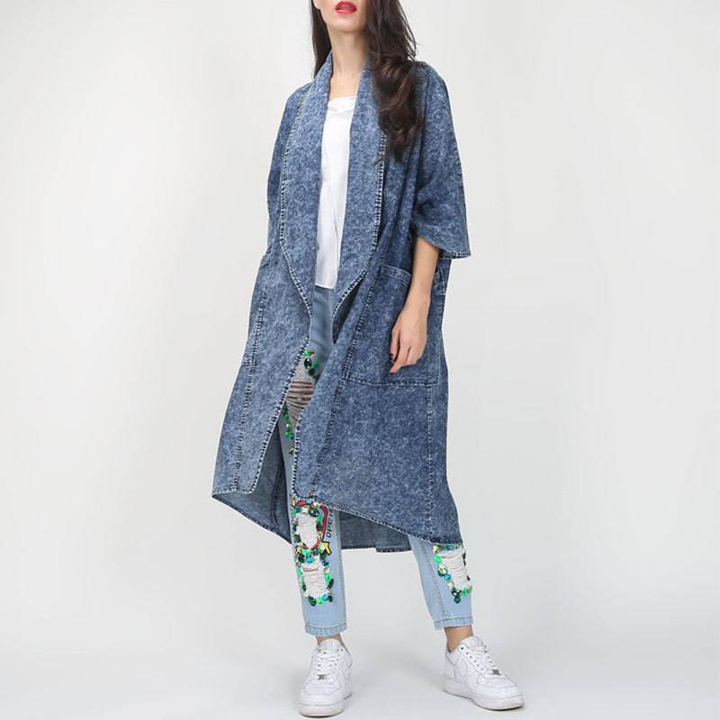 Fashionable Autumn/Winter Denim Trench Coat for Women  One Size Blue 