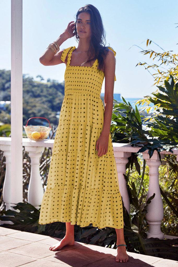 Floral Print Maxi Dress with Spaghetti Straps  S Yellow 