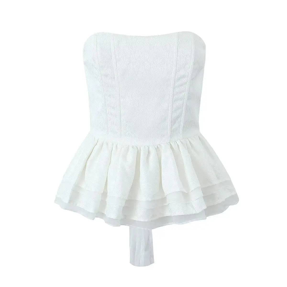 Floral Jacquard Lace-Up Tube Top with Ruffled Waist Detail  S White 