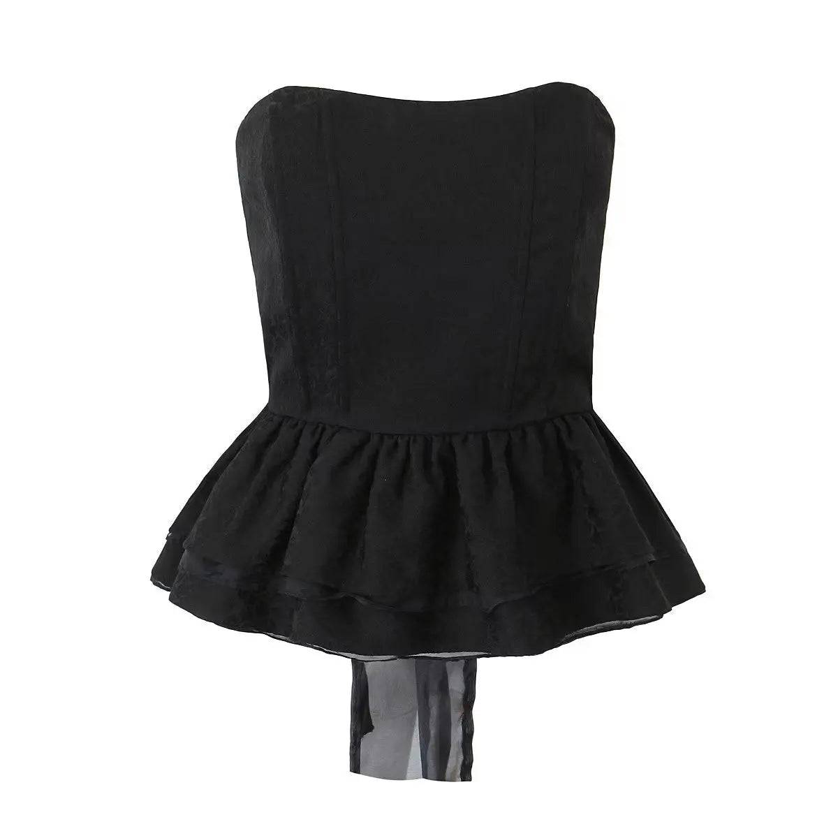 Floral Jacquard Lace-Up Tube Top with Ruffled Waist Detail  S Black 