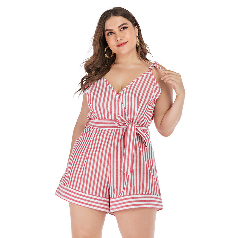 Plus Size Women Clothing Summer Fresh Sweet Jumpsuit Women Printed Red White Striped Spaghetti Straps Suit - Wild Amber Fashion