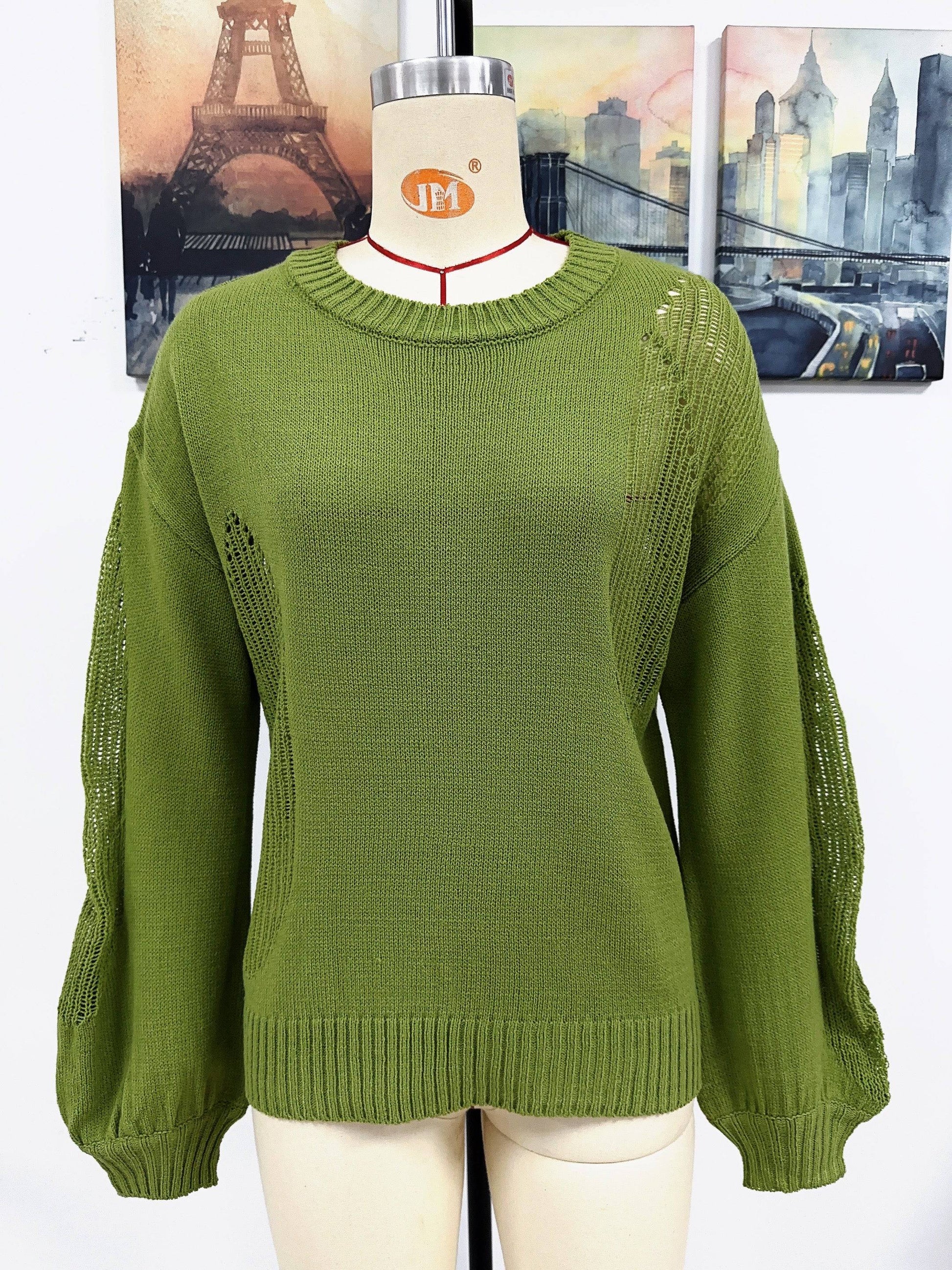 Hollow Out Cutout Pullover Knitwear for Women  S Green 