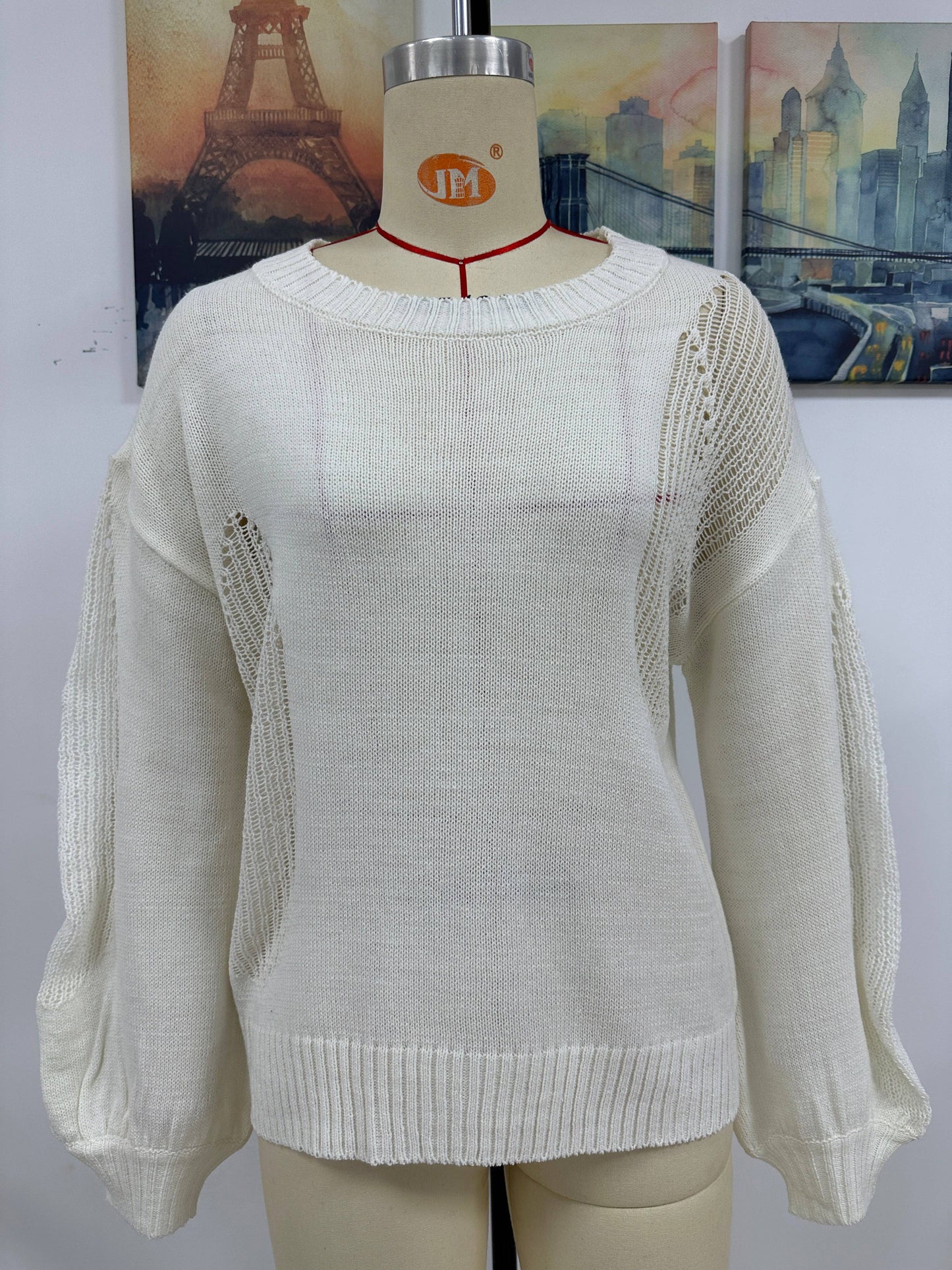 Hollow Out Cutout Pullover Knitwear for Women  S White 