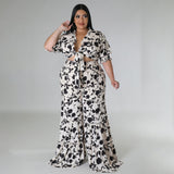 Plus Size Women Strap Printing Two Piece Suit Wide Leg Pants Summer - Wild Amber Fashion