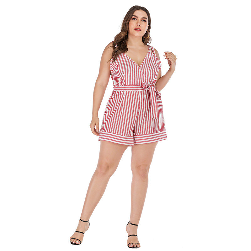 Plus Size Women Clothing Summer Fresh Sweet Jumpsuit Women Printed Red White Striped Spaghetti Straps Suit - Wild Amber Fashion