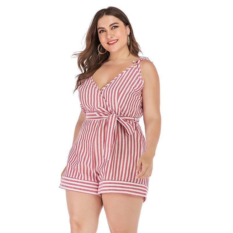 Plus Size Women Clothing Summer Fresh Sweet Jumpsuit Women Printed Red White Striped Spaghetti Straps Suit - Wild Amber Fashion